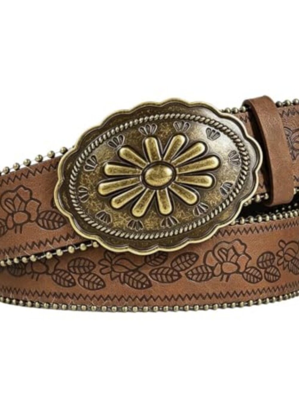 Women Western Belt with Heart Embossed Buckle Vintage Brown Belt for Jeans Pant